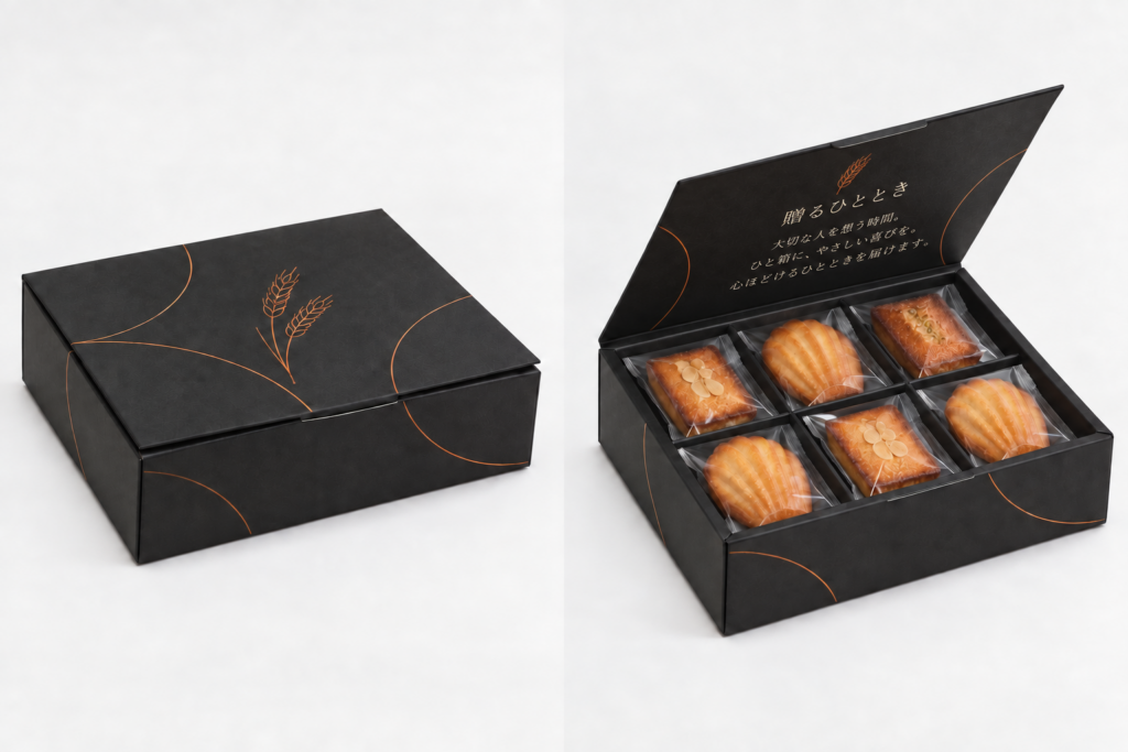 麦の穂のグラフィックと内蓋のメッセージをあしらった黒い焼き菓子ギフト箱の開封前後