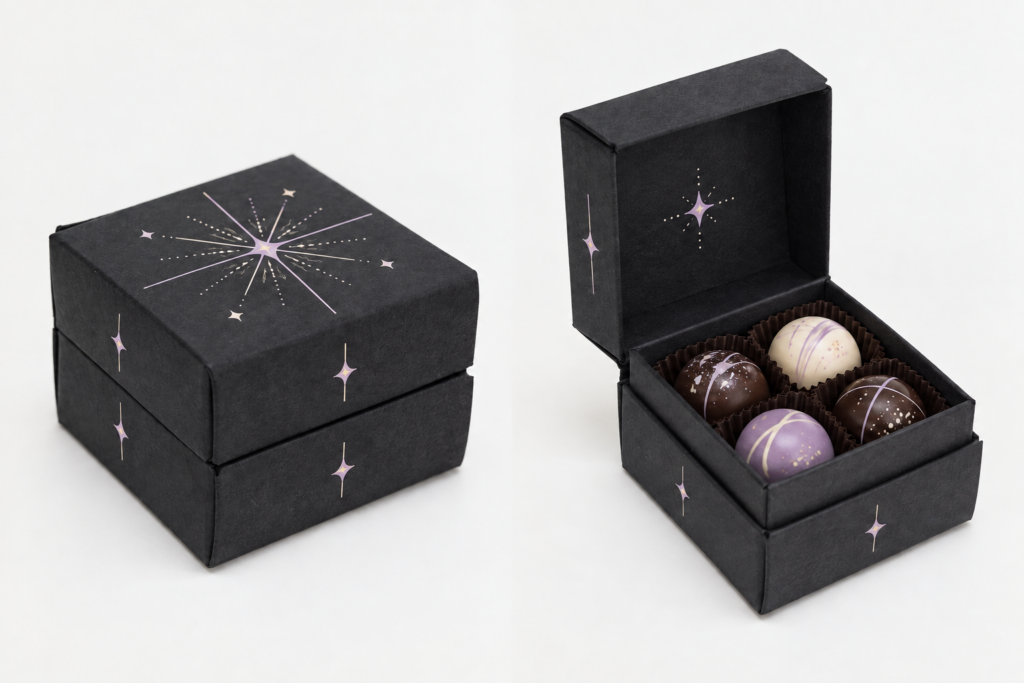 星のグラフィックをあしらったジュエリー型チョコレート箱の開封前後
